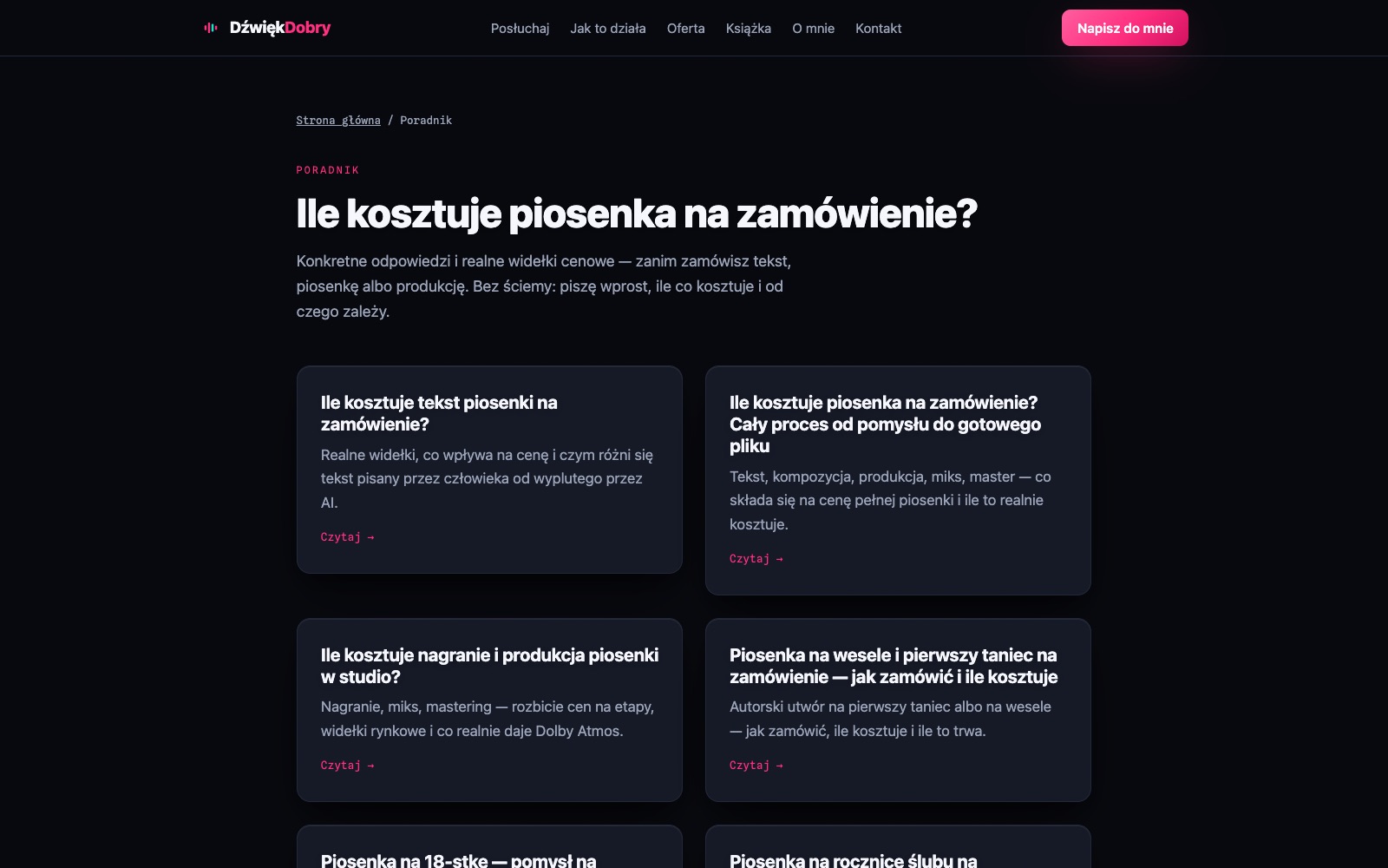 Strona Poradnik z nagłówkiem Ile kosztuje piosenka na zamówienie i kartami artykułów