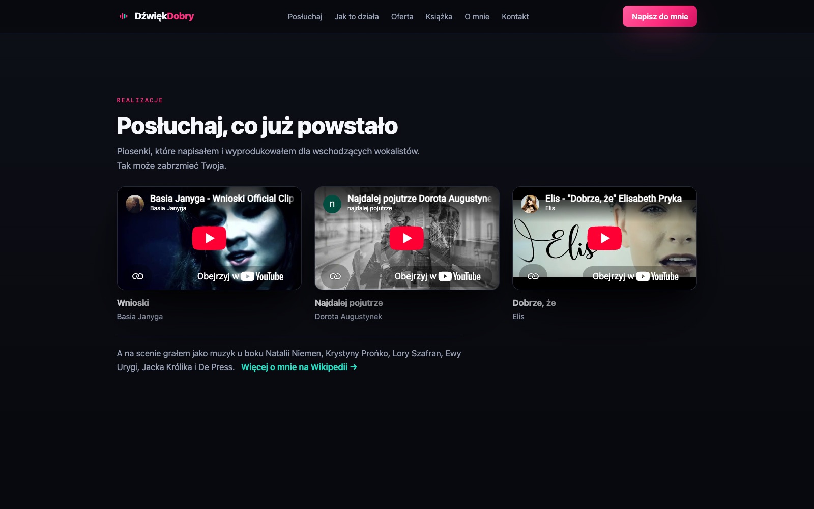 Sekcja Posłuchaj, co już powstało: trzy klipy YouTube z tytułami i wykonawcami