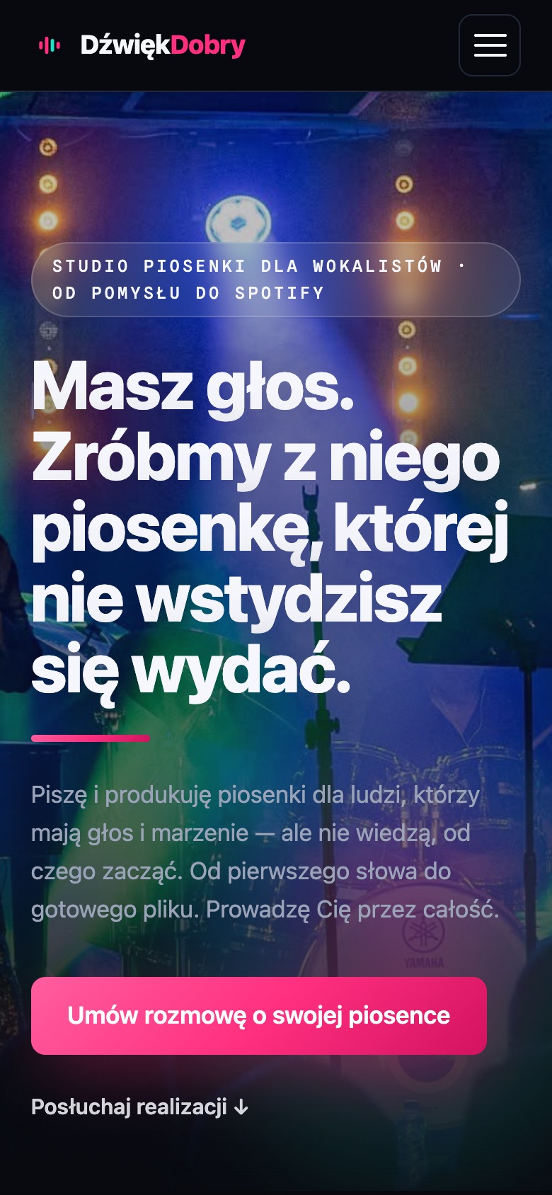 Strona główna na telefonie: nagłówek, przycisk Umów rozmowę o swojej piosence i odnośnik do realizacji