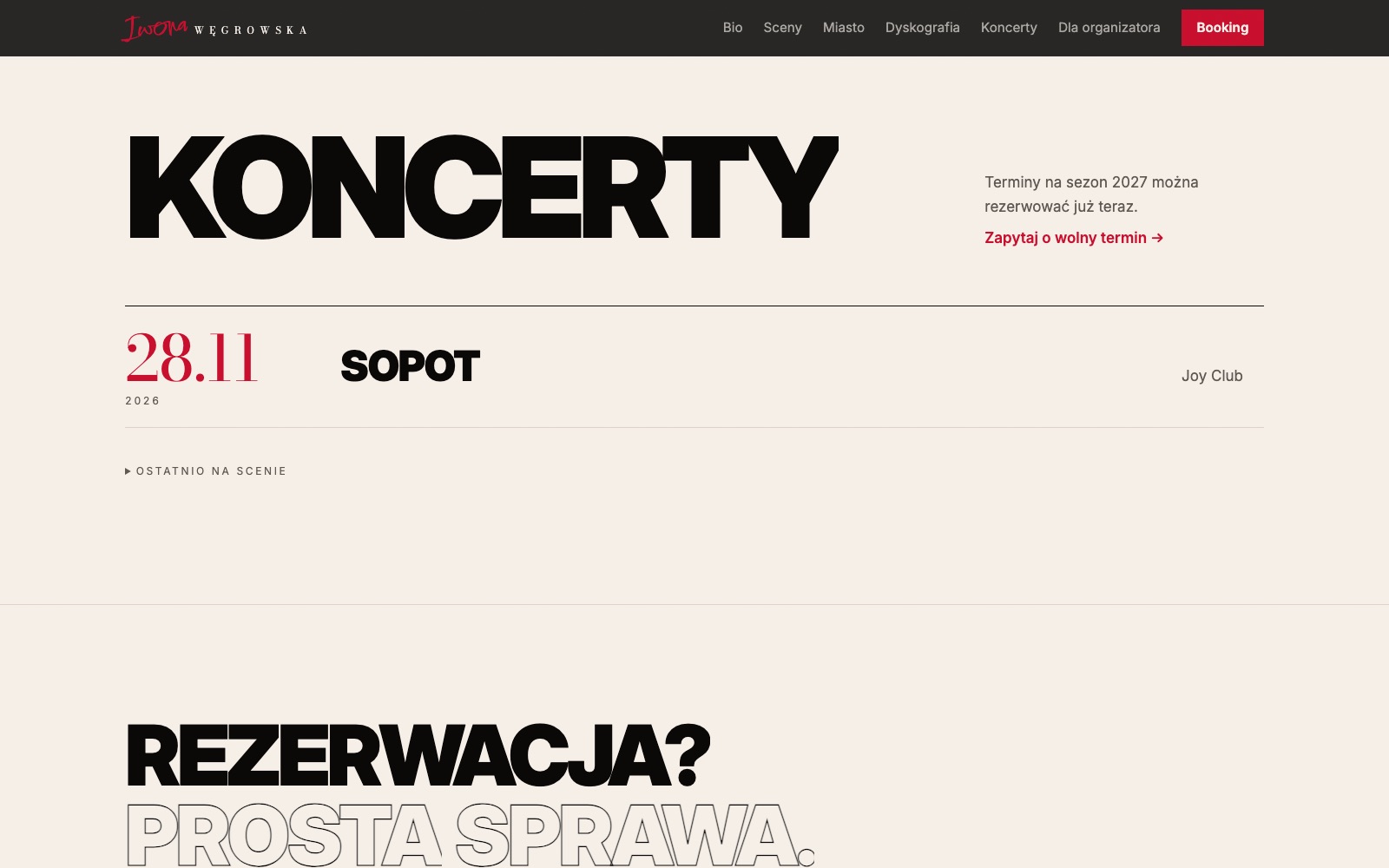 Lista koncertów z datą, miastem i salą, pod nią link Ostatnio na scenie