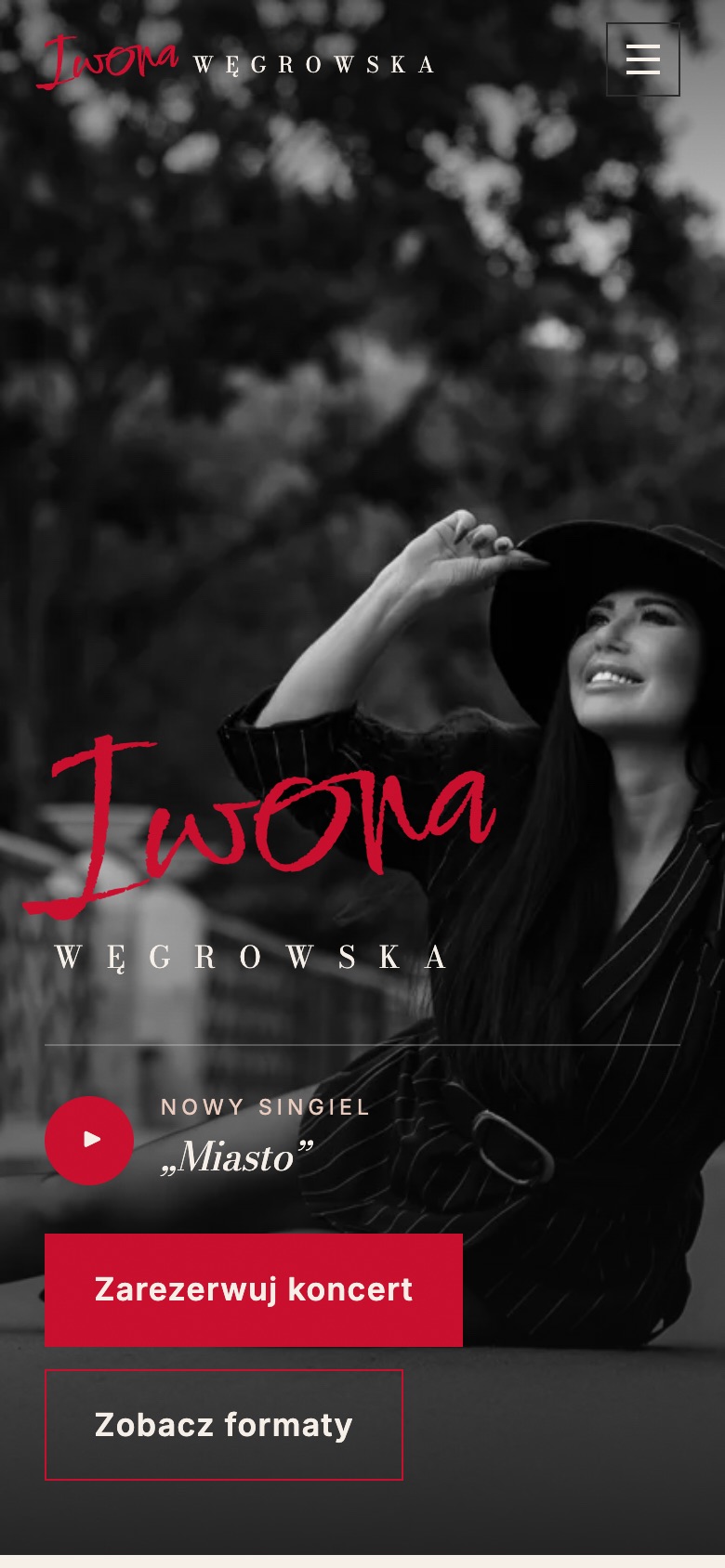 Strona główna na telefonie: podpis Iwona, przycisk odtwarzania singla i przyciski Zarezerwuj koncert oraz Zobacz formaty