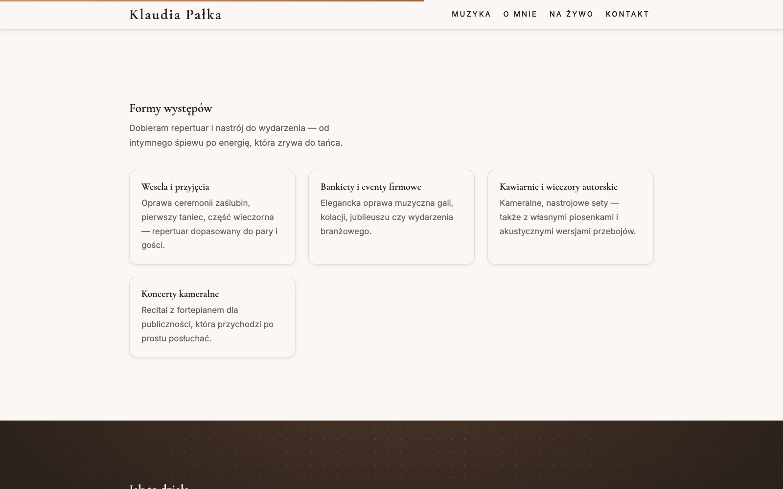 Sekcja Formy występów: cztery karty, wesela i przyjęcia, bankiety i eventy firmowe, kawiarnie i wieczory autorskie, koncerty kameralne