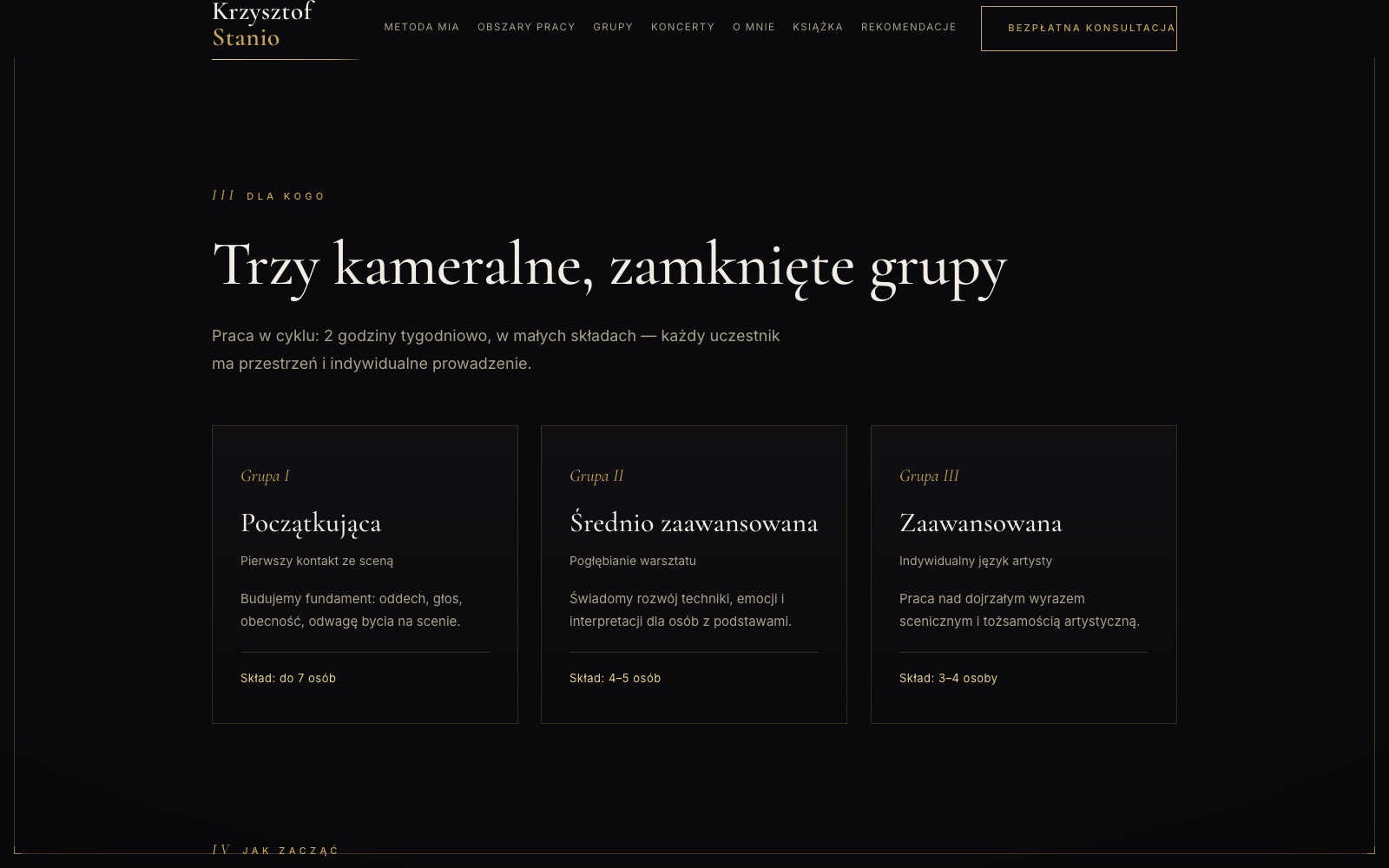 Sekcja Trzy kameralne, zamknięte grupy: karty grup początkującej, średnio zaawansowanej i zaawansowanej z opisem i wielkością składu