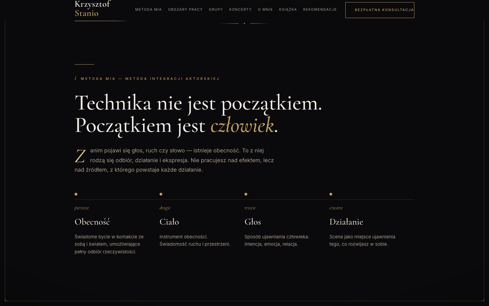 Sekcja Metoda MIA: nagłówek Technika nie jest początkiem, początkiem jest człowiek i cztery kolumny: obecność, ciało, głos, działanie
