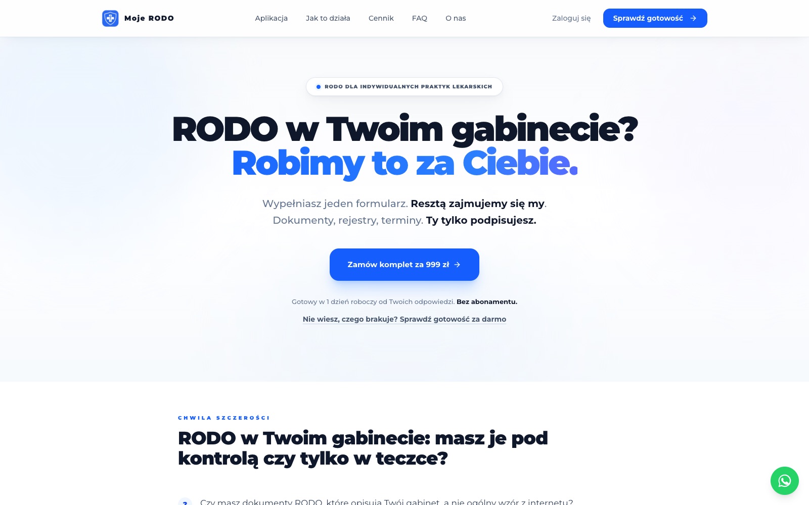 Strona główna moje-rodo.pl: nagłówek RODO w Twoim gabinecie? Robimy to za Ciebie i przycisk zamówienia kompletu
