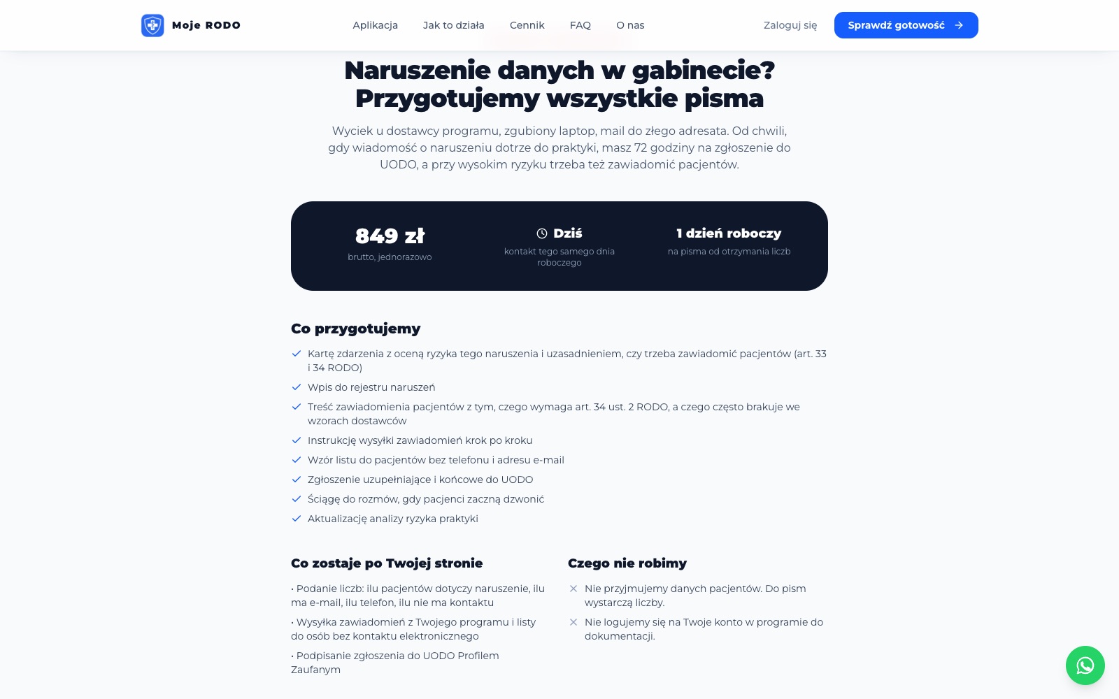 Strona Obsługa naruszenia: nagłówek Naruszenie danych w gabinecie, cena, termin kontaktu i lista przygotowywanych pism