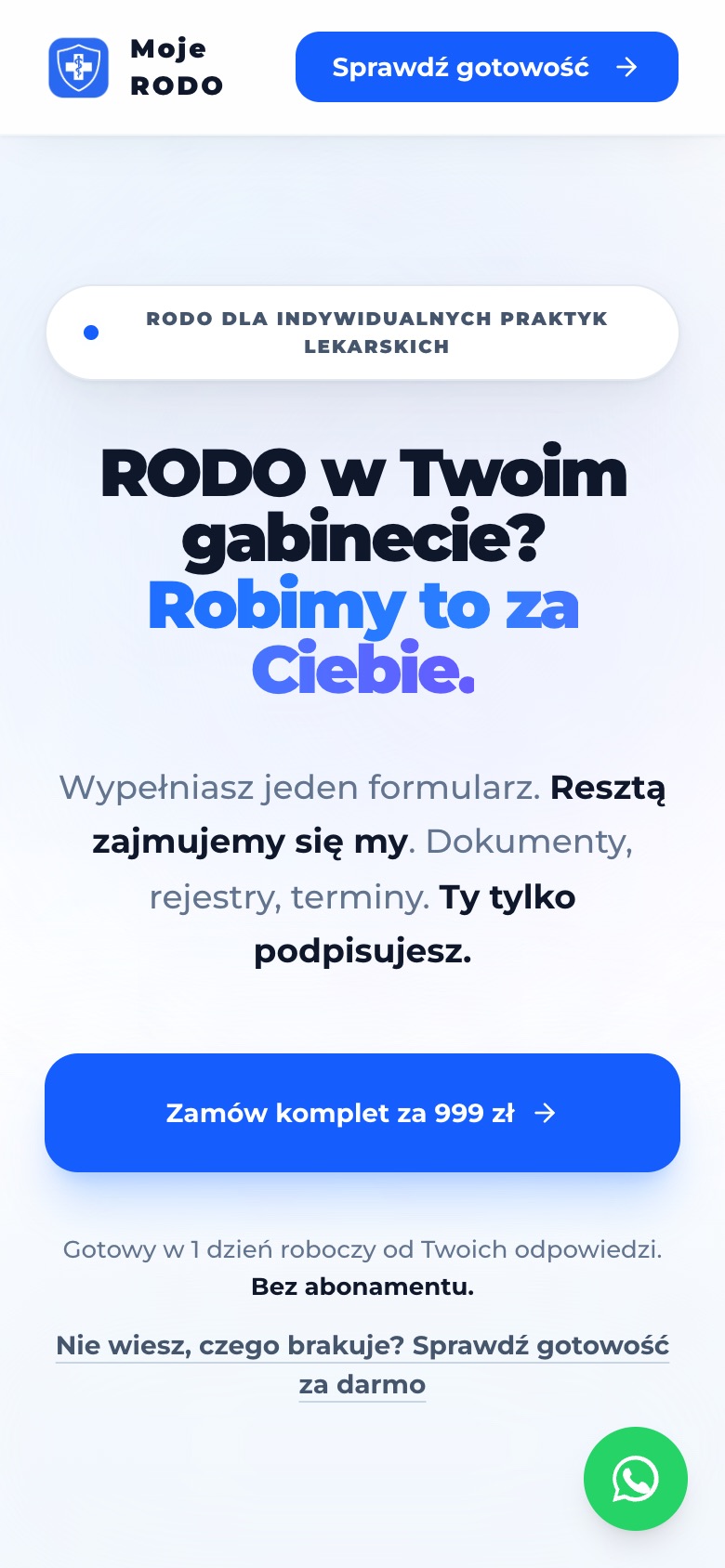 Strona główna moje-rodo.pl na telefonie: nagłówek, przycisk Zamów komplet za 999 zł i link do darmowego sprawdzenia gotowości