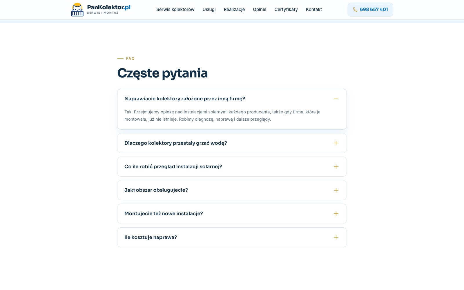 Sekcja Częste pytania z rozwiniętą odpowiedzią o naprawie kolektorów założonych przez inną firmę