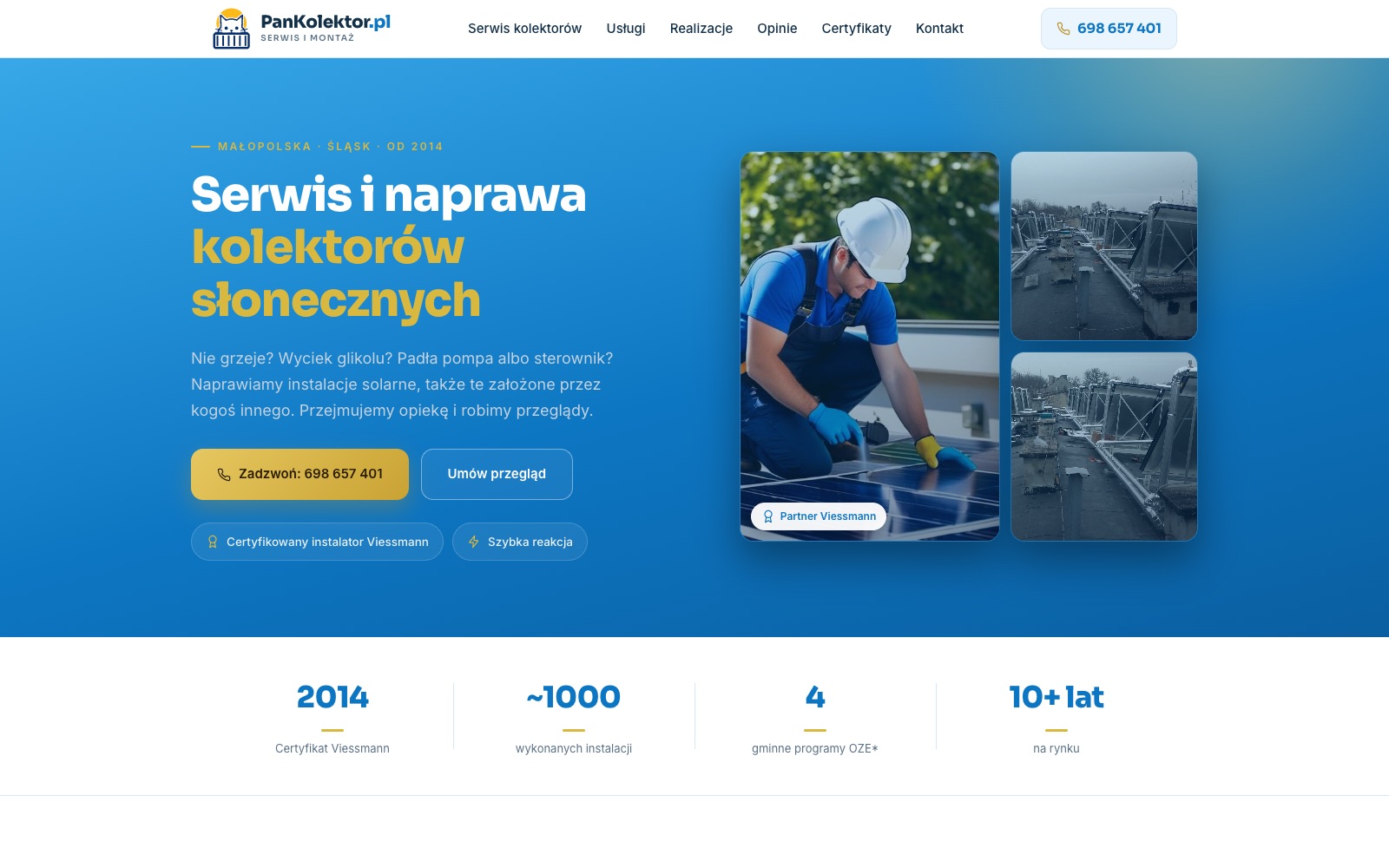 Strona główna Pan Kolektor: niebieskie tło, nagłówek Serwis i naprawa kolektorów słonecznych, zdjęcie instalatora na dachu i przyciski Zadzwoń oraz Umów przegląd