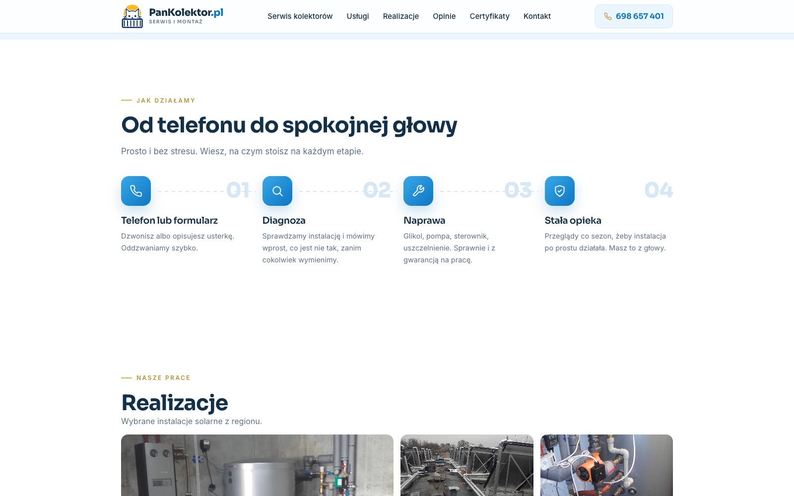Sekcja Od telefonu do spokojnej głowy: cztery kroki od telefonu lub formularza, przez diagnozę i naprawę, do stałej opieki, a pod nimi początek galerii realizacji