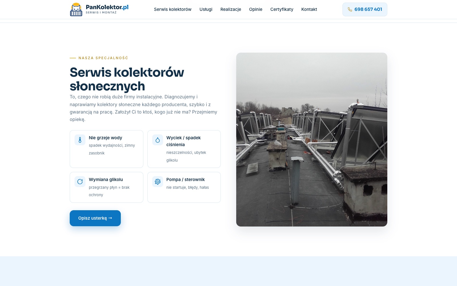 Sekcja Serwis kolektorów słonecznych: cztery objawy usterki w kartach i zdjęcie kolektorów na dachu bloku