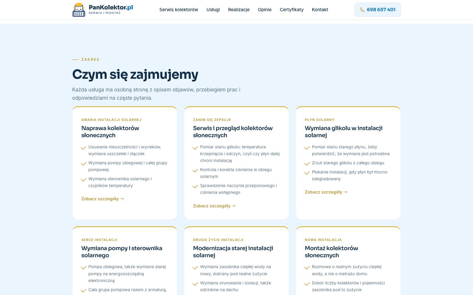 Sekcja Czym się zajmujemy: sześć kart usług, od naprawy kolektorów po montaż, z krótką listą zakresu prac i linkiem Zobacz szczegóły