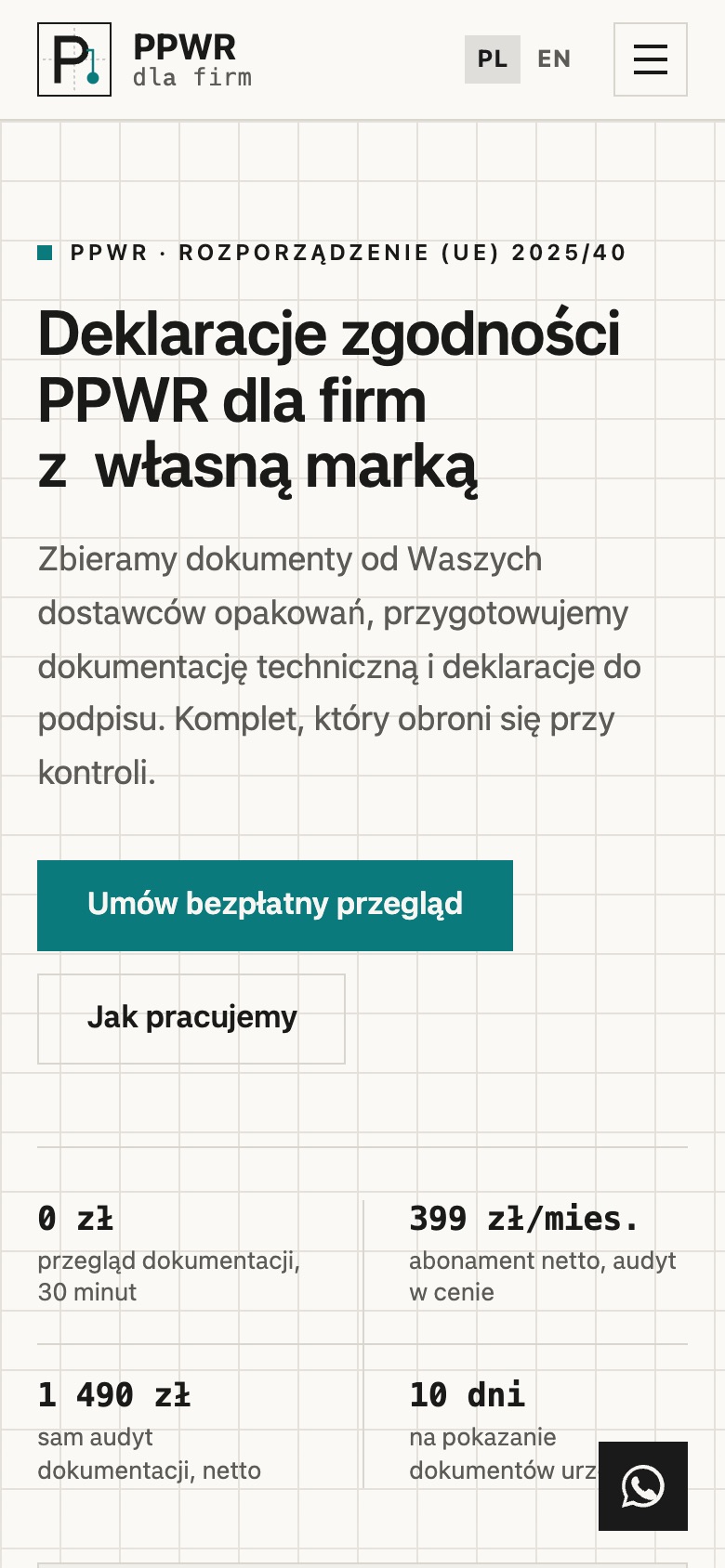 Strona ppwrdlafirm.pl na telefonie: nagłówek, przyciski Umów bezpłatny przegląd i Jak pracujemy oraz cztery liczby