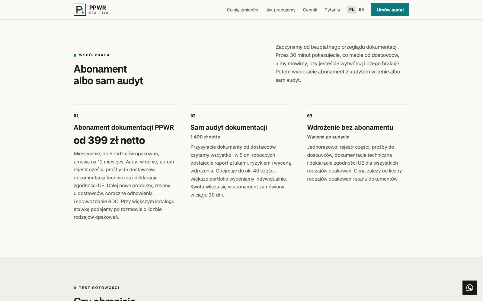 Sekcja Współpraca: trzy opcje, abonament od 399 zł netto, sam audyt za 1 490 zł netto i wdrożenie bez abonamentu