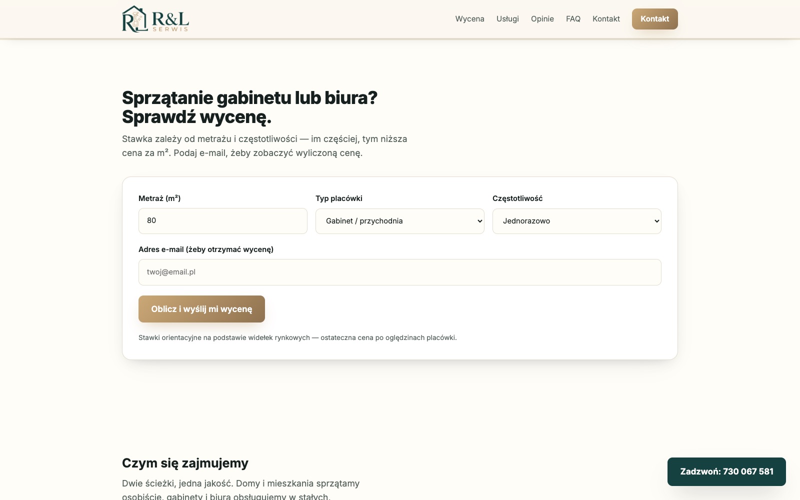 Formularz wyceny sprzątania gabinetu lub biura: metraż, typ placówki, częstotliwość i adres e-mail, przycisk Oblicz i wyślij mi wycenę
