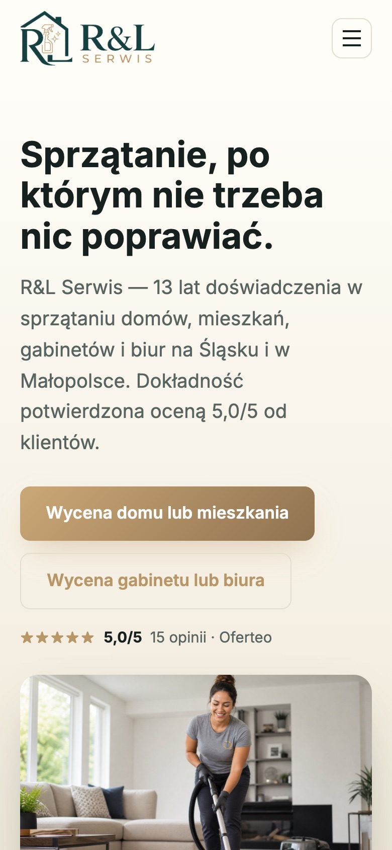 Strona główna na telefonie: logo, nagłówek, dwa przyciski wyceny i zdjęcie sprzątania