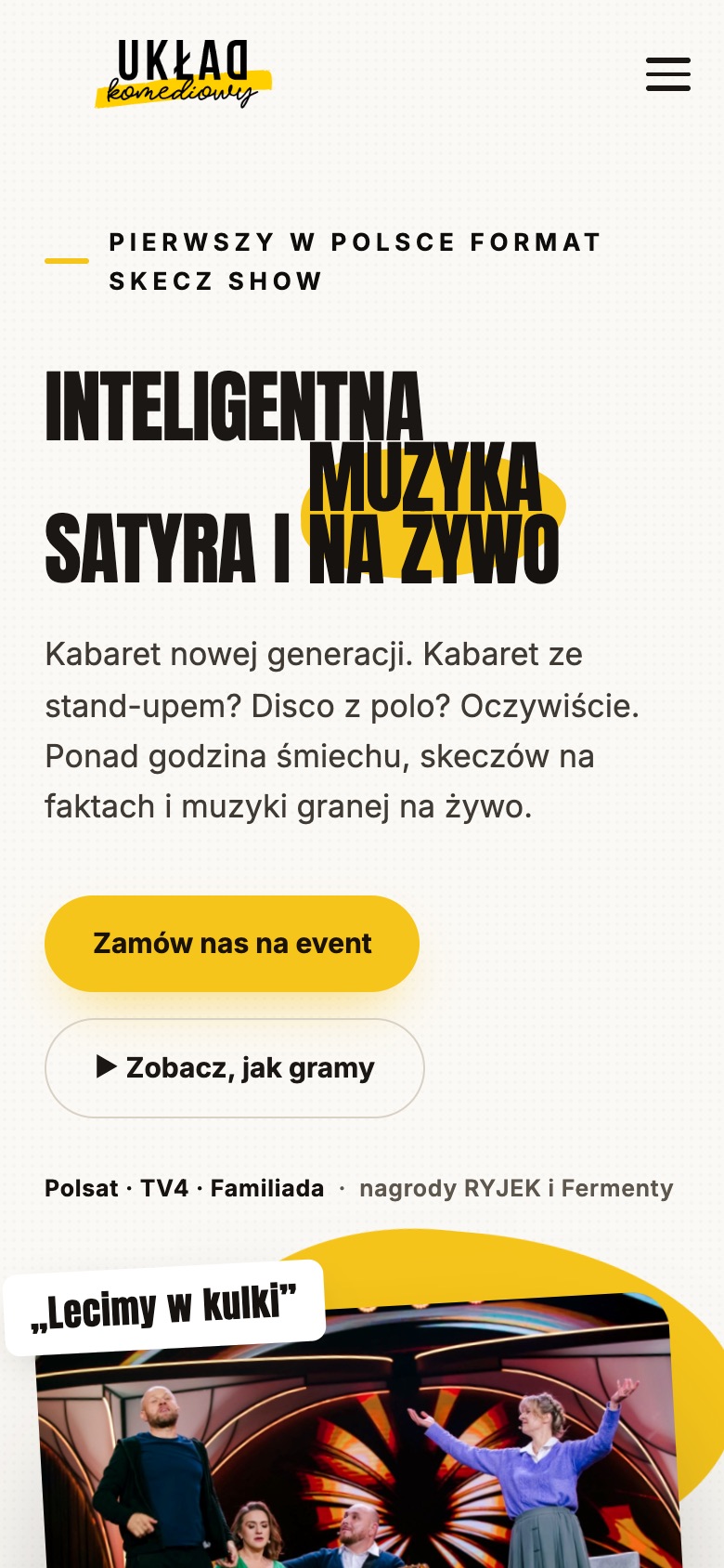 Strona główna na telefonie: logo kabaretu, hasło, opis programu i przycisk Zamów nas na event