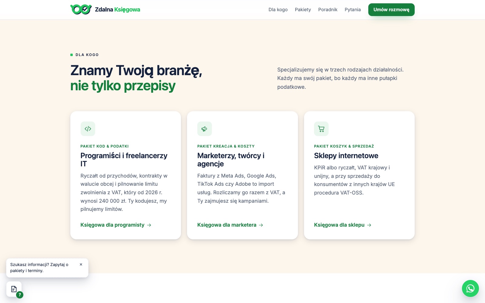 Sekcja Dla kogo: trzy karty, programiści i freelancerzy IT, marketerzy i agencje, sklepy internetowe, każda z linkiem do osobnej strony