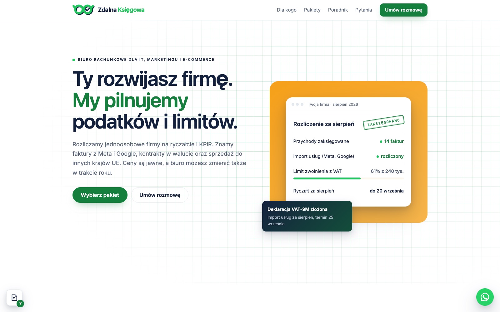 Strona główna biura rachunkowego: nagłówek Ty rozwijasz firmę, my pilnujemy podatków i limitów, obok karta z rozliczeniem za sierpień na pomarańczowym tle
