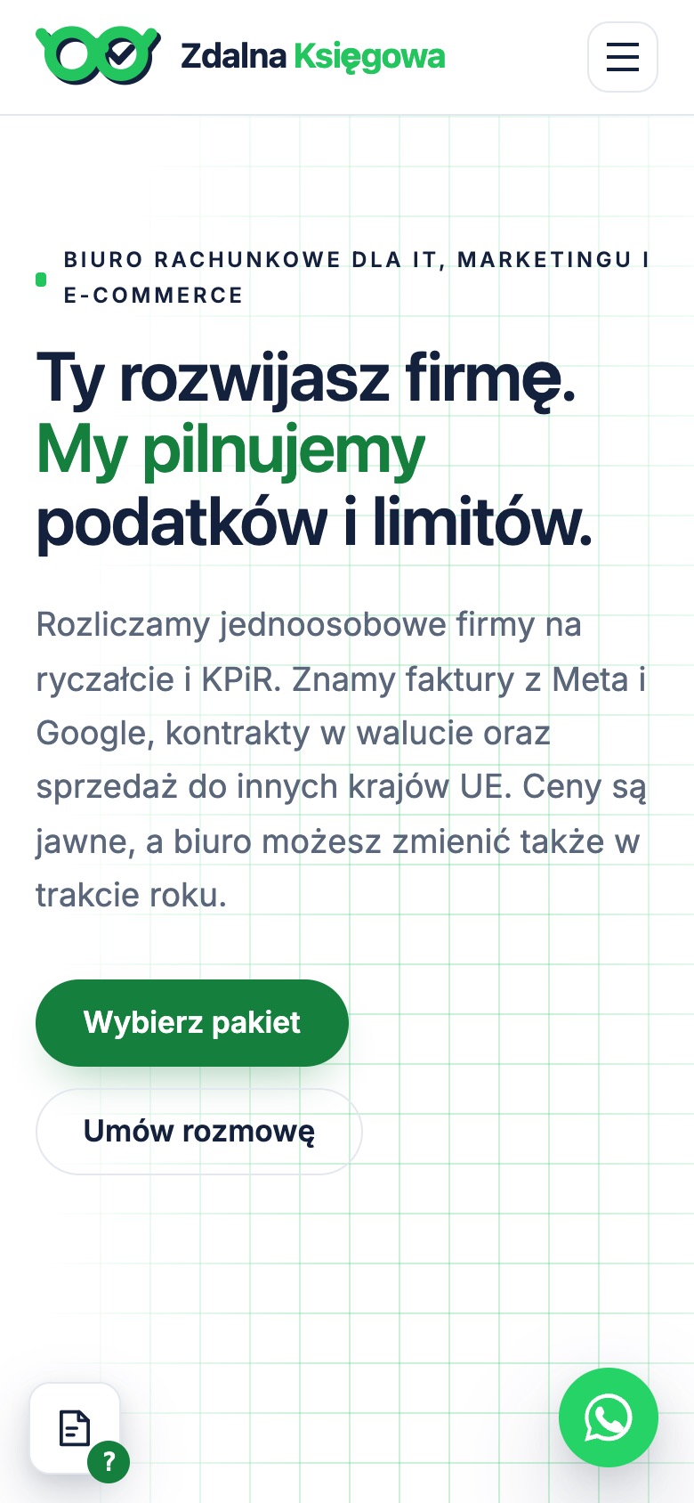 Strona główna na telefonie: logo, nagłówek Ty rozwijasz firmę, my pilnujemy podatków i limitów, opis usług i dwa przyciski
